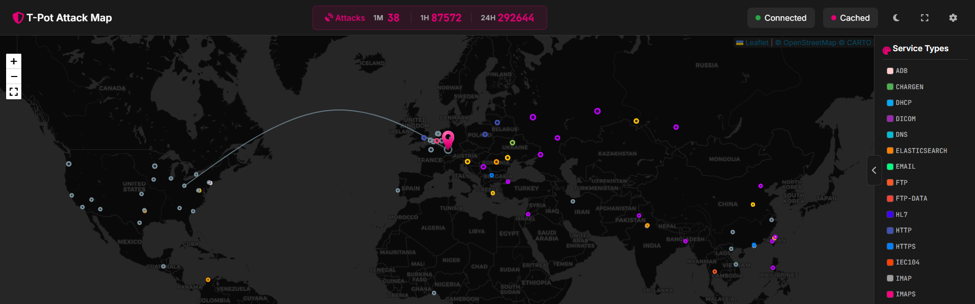 攻撃をリアルタイムで表示してくれる。攻撃がICBMの如く飛んでくる